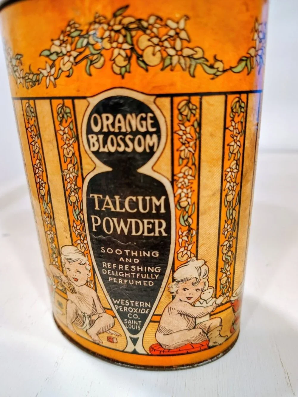 Vintage 1910-1920 Orange Blossom Talcum Powder Oval FULL Tin